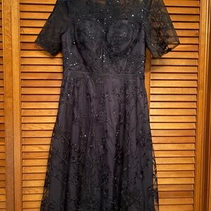 JJs House Elegant Dark Navy Lace Midi Dress